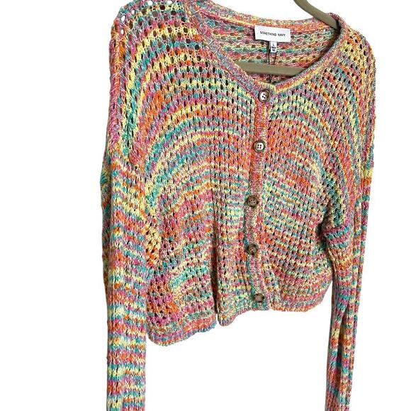 Something Navy Open Knit Rainbow Cropped Cardigan Multicolor Size Large NWOT - Picture 4 of 10